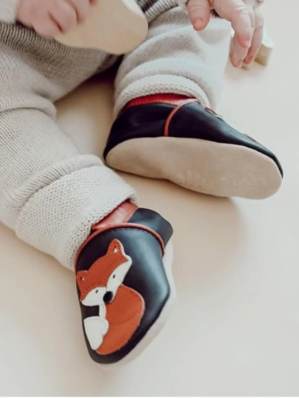 Toddler Brown Leather Slip-On Shoes Slippers with Orange Fox Appliqué